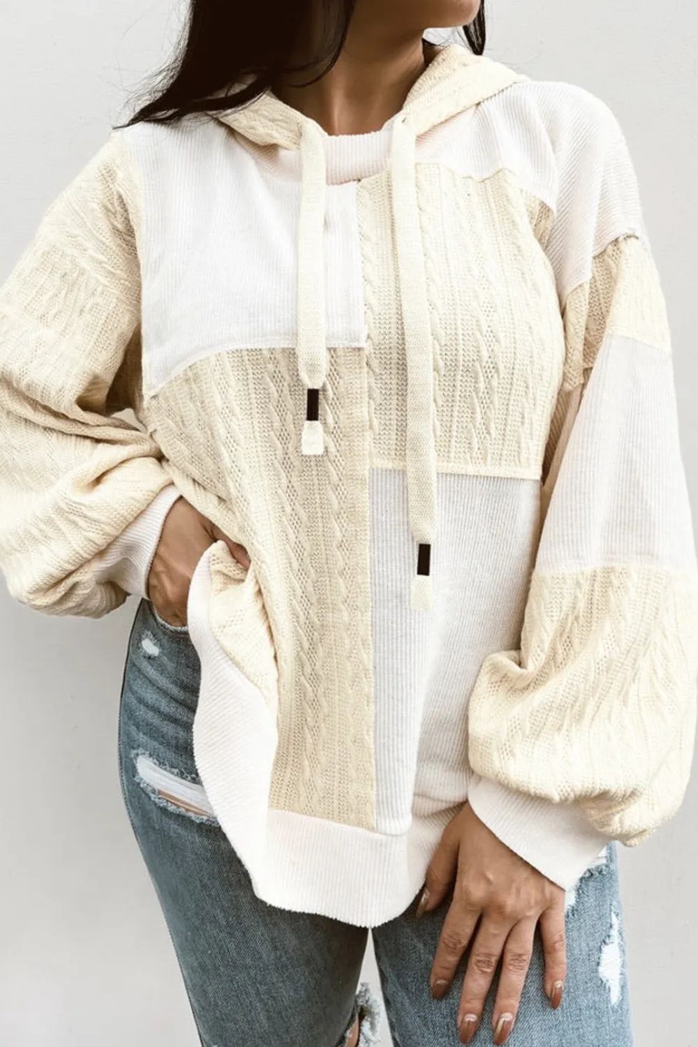 Plus size drawstring color block long sleeve hoodie with pockets.