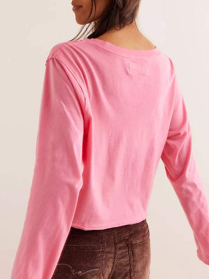 Round Neck Long Sleeve Cropped Tee in pink, casual crop top for women.