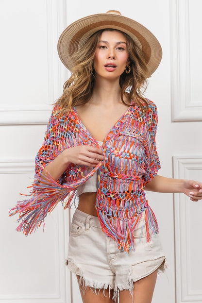 Open Front Fringed Crop Knit Cardigan with colorful fringe detail and chic open design, perfect for layering.