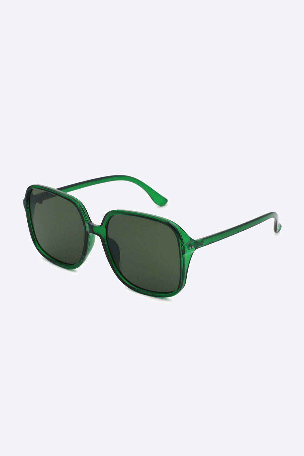 Oversized square sunglasses with green polycarbonate frame and UV400 lenses.