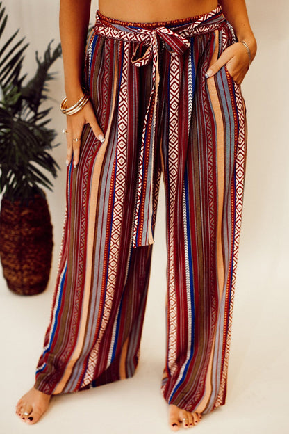 Wide leg striped bohemian pants for women with high waist and tie-front.