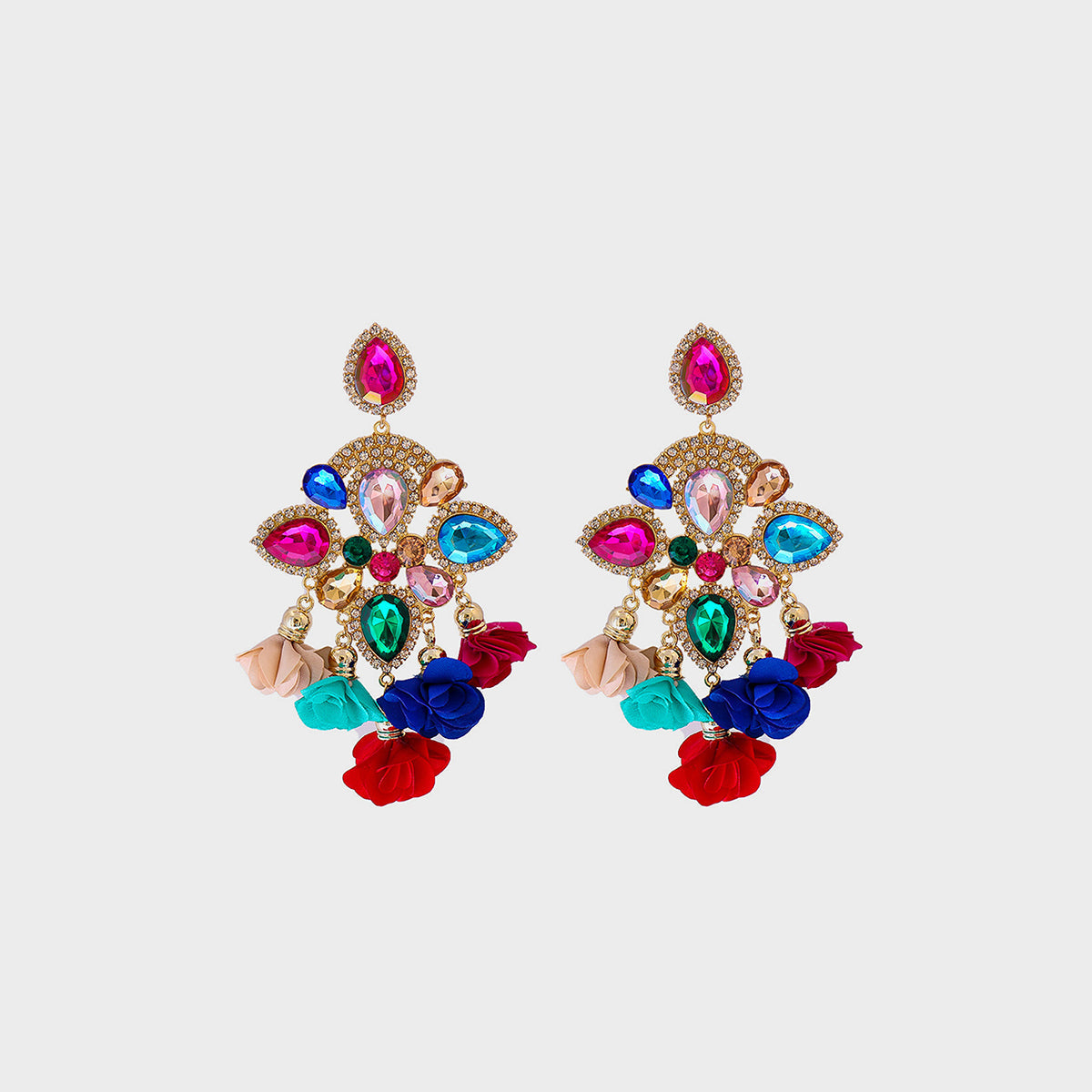 Flower shape rhinestone alloy dangle earrings with colorful gemstones.