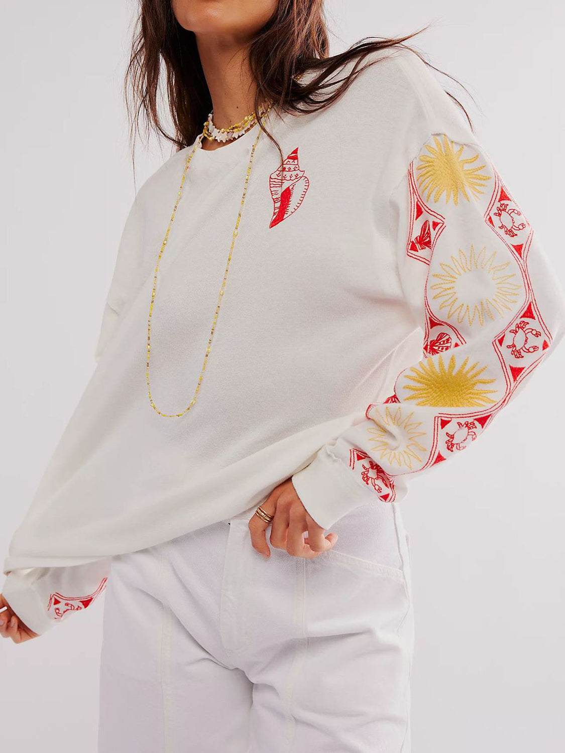 Embroidered Seashell Round Neck Long Sleeve Sweatshirt