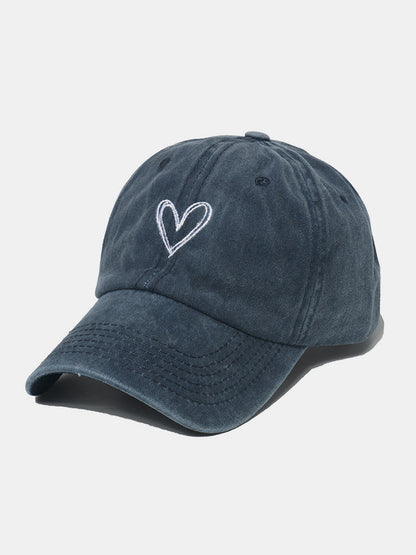 Embroidered heart washed cotton baseball cap, pink hat.