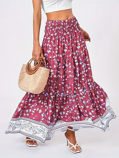 Tiered printed elastic waist skirt with floral pattern.