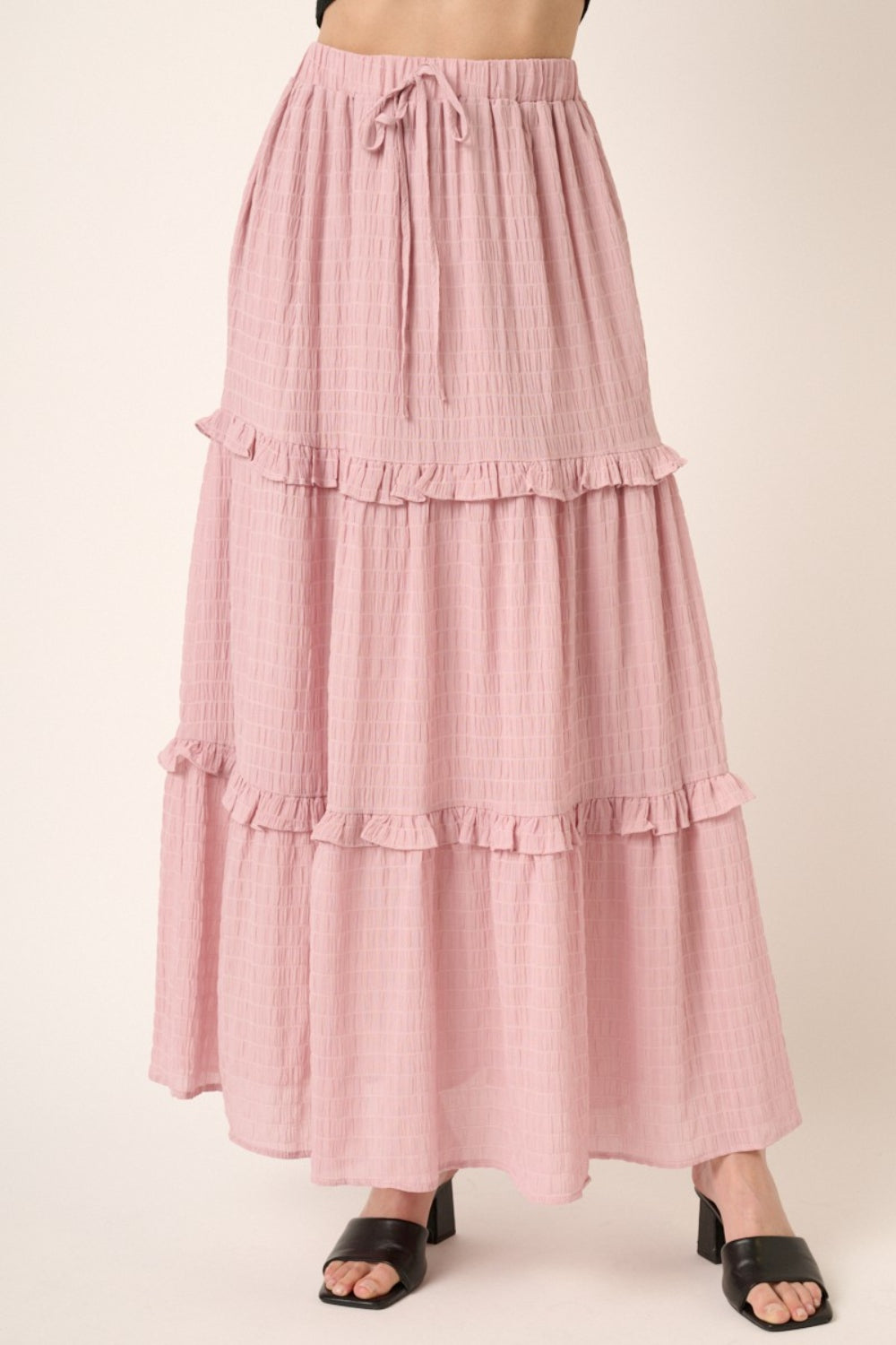 Dusty Pink Drawstring High Waist Frill Skirt with elegant ruffle details.