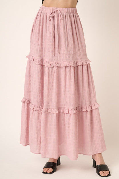 Dusty Pink Drawstring High Waist Frill Skirt with elegant ruffle details.