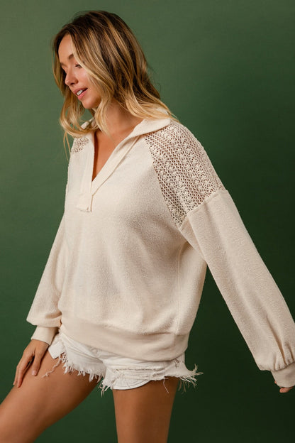 French Terry Lace Shoulder Top with delicate lace accents and soft fabric, ideal for casual chic outfits.