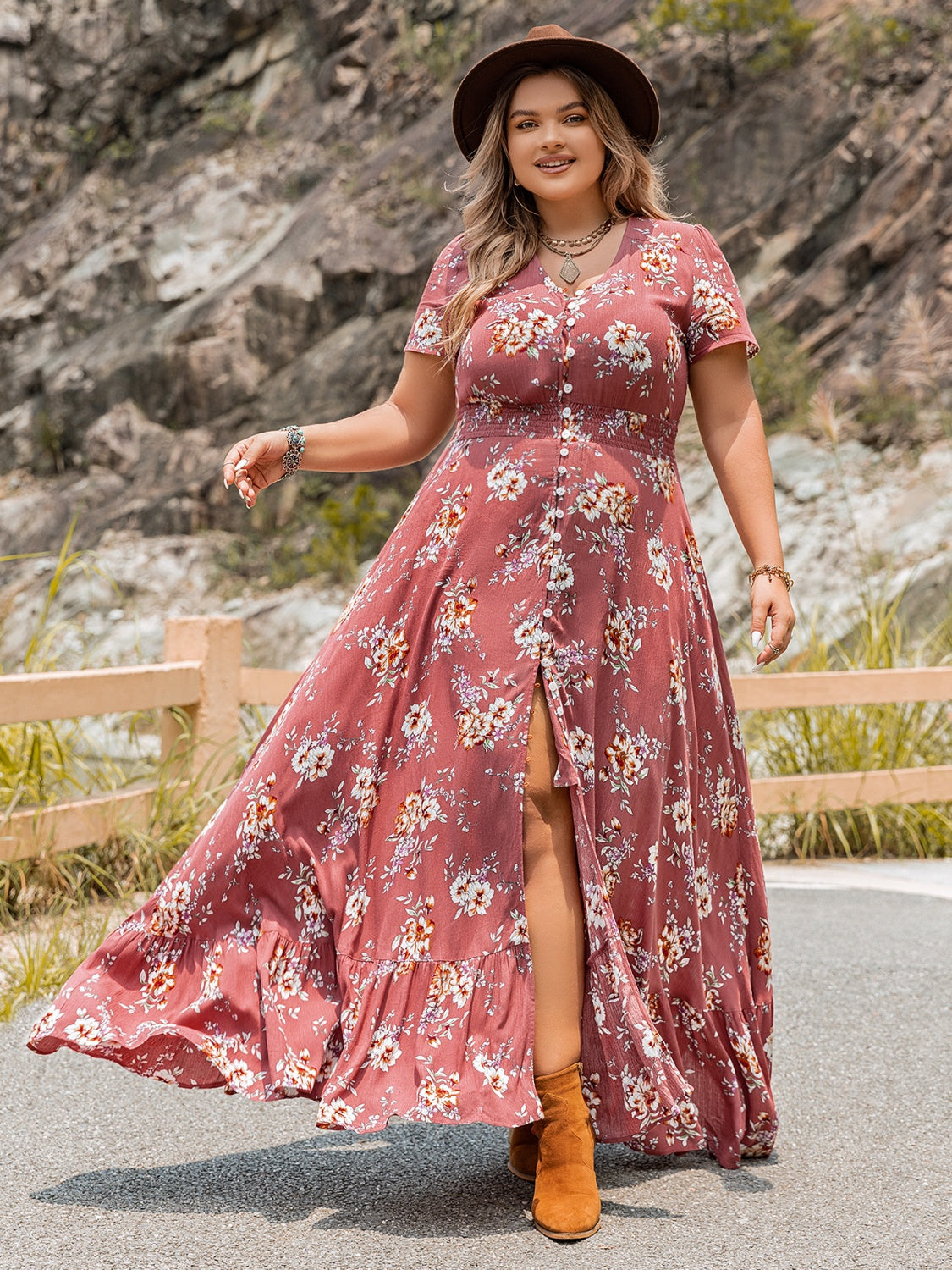 Plus Size Floral Slit Ruffle Hem Dress with Boho Style for Curvy Women