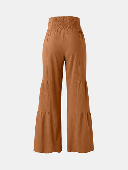 Tied ruched wide leg pants, high waist, chic, comfortable, brown.