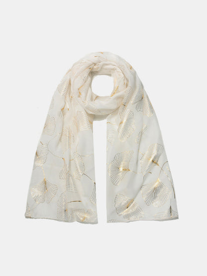 Ginkgo Leaf Polyester Scarf with gold accents on white fabric.