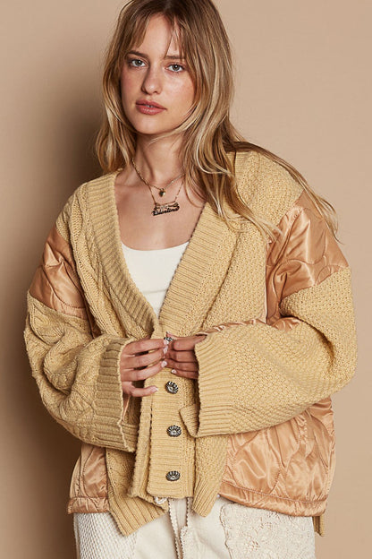 Bohemian quilted patch button-up cable knit jacket with acrylic material, perfect for cold-weather style.