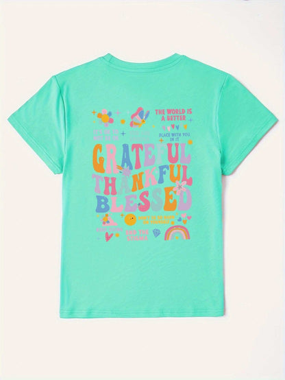 Grateful Thankful Blessed graphic t-shirt in green, 100% polyester, basic style with colorful text, slightly stretchy.