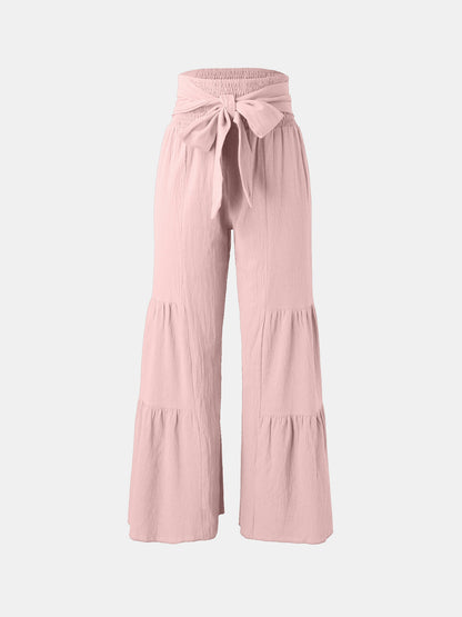 Tied ruched wide leg pants in pink, high waist, chic and comfortable.