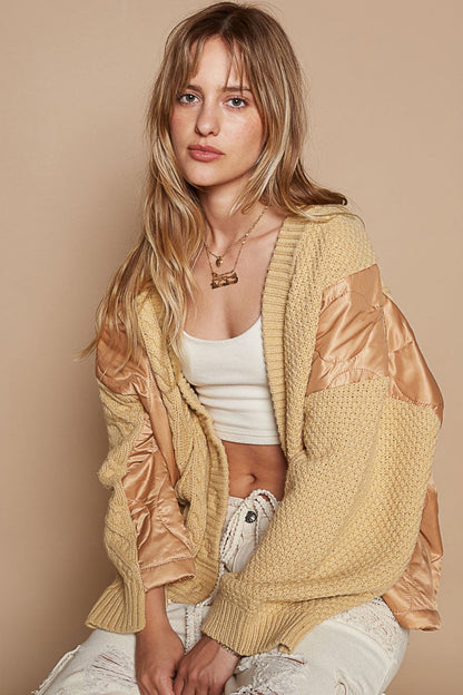 Bohemian quilted patch cable knit jacket in beige tones, perfect for cozy cold-weather style.