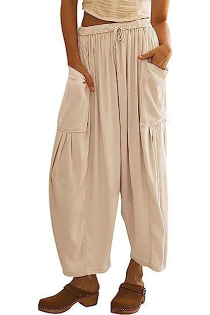 Boho Wide Leg Harem Pants with Pockets in beige.