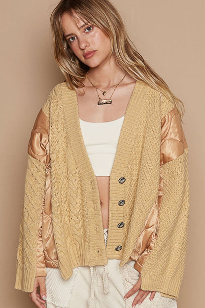 Boho Quilted Patch Button Up Cable Knit Jacket in beige with button detailing and quilted patches.