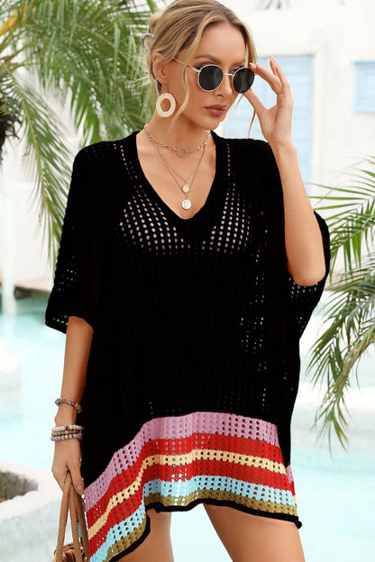 Rainbow Stripe Openwork Slit Cover-Up, stylish beachwear with contrast striped pattern, V-neck, and half sleeves.