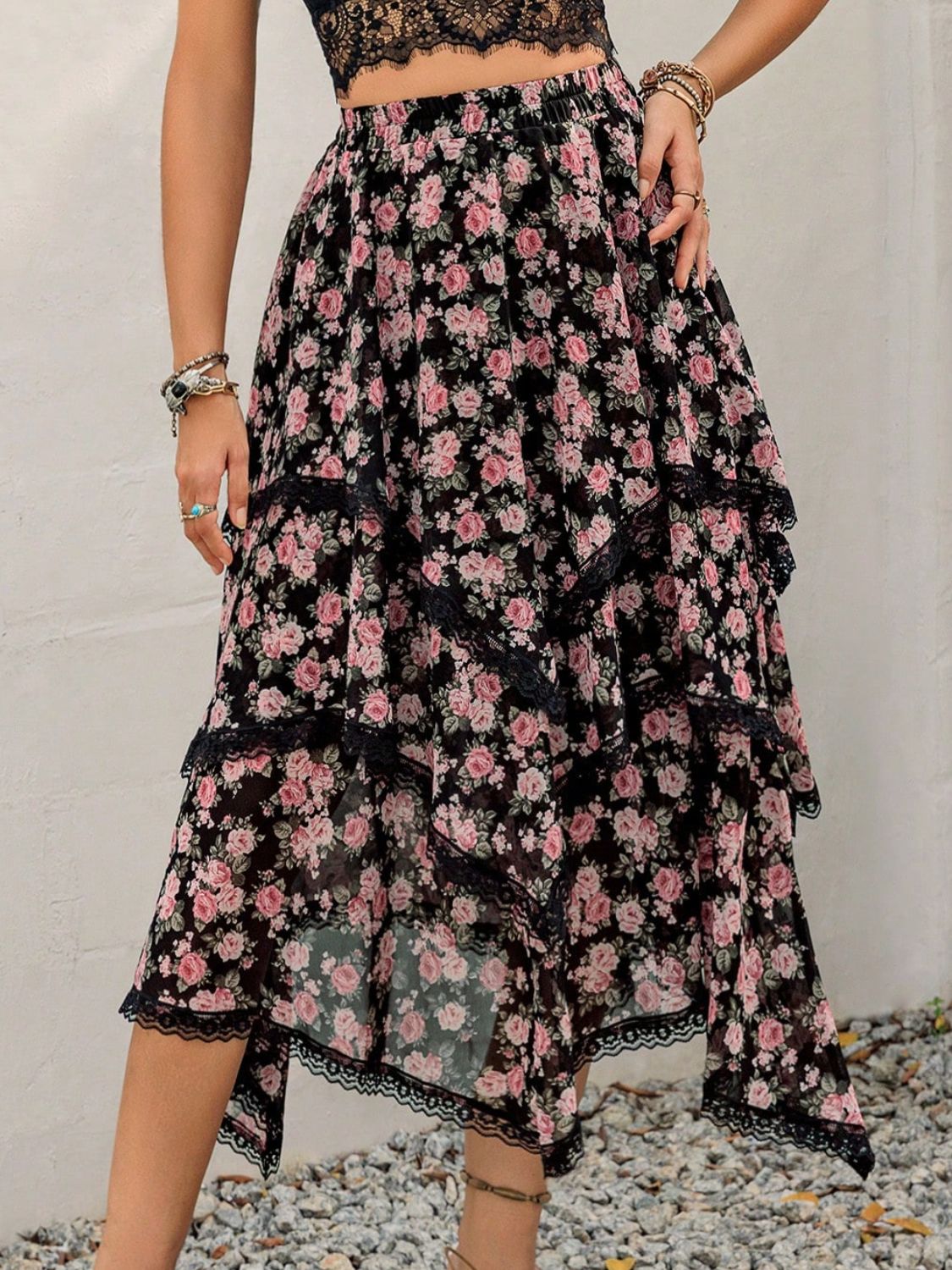 Floral lace detail layered printed skirt in black and pink.