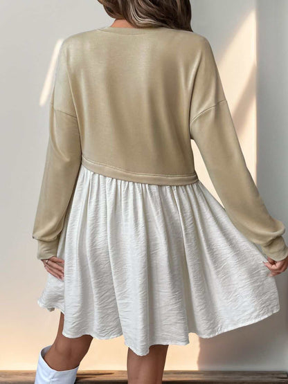 Perfee contrast round neck long sleeve mini dress in beige and white, ruched design, 100% viscose.