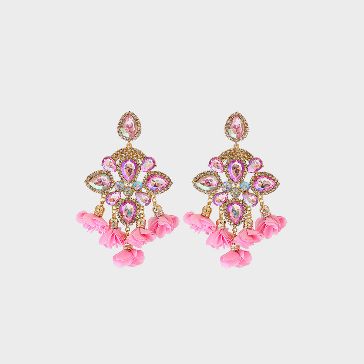 Flower shape rhinestone alloy dangle earrings with pink accents.