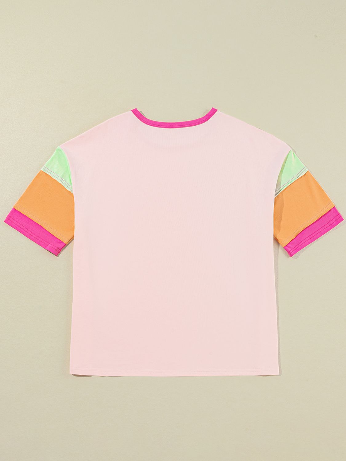 Vacay Color Block Graphic T-Shirt with multicolor sleeves, 95% cotton, machine washable.