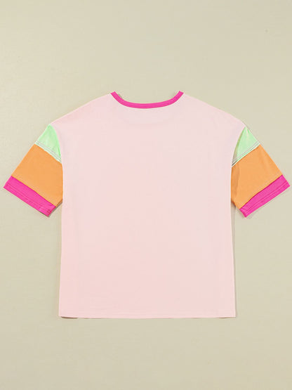 Vacay Color Block Graphic T-Shirt with multicolor sleeves, 95% cotton, machine washable.