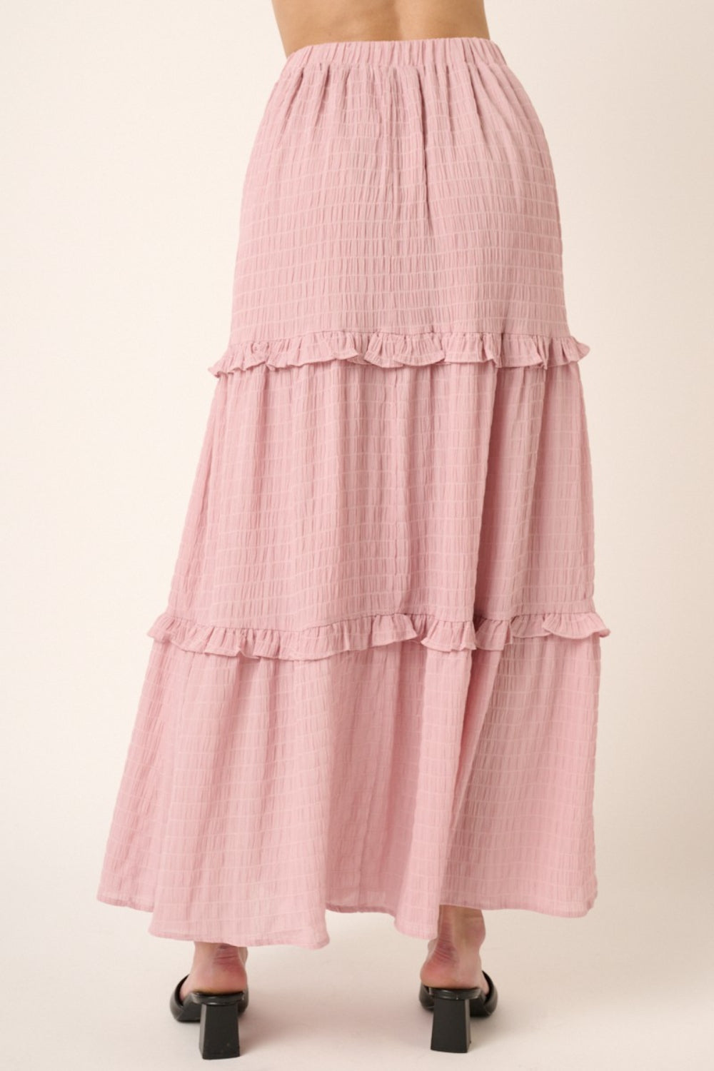 Dusty pink high waist frill skirt with drawstring detail.