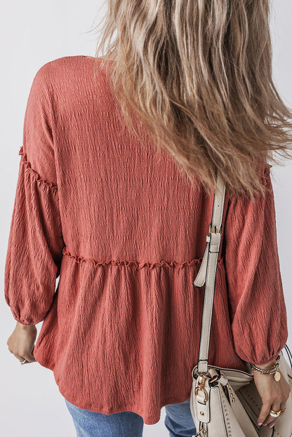 Boho frill long sleeve blouse with slight stretch in terracotta color.