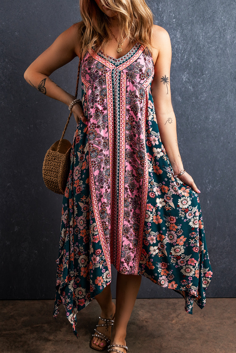 Pink bohemian floral patchwork print long sundress with spaghetti straps and v-neck design.