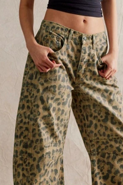 Wide Leg Barrel Jeans with leopard print and pockets.