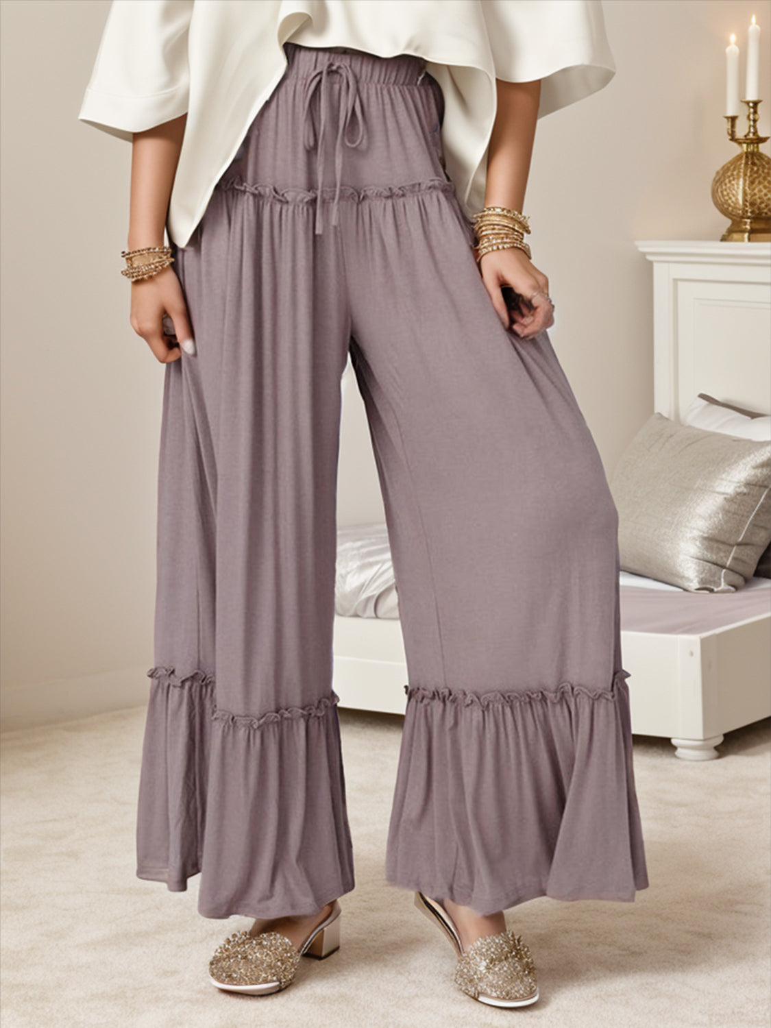 Wide Leg Ruffle Trim Pants, Boho High Waist Style for Women