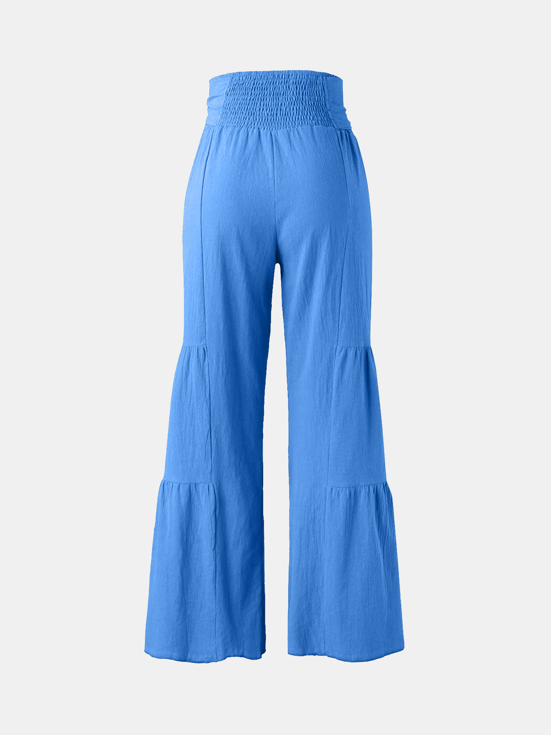 Tied ruched wide leg pants in blue, high waist, polyester-spandex blend.