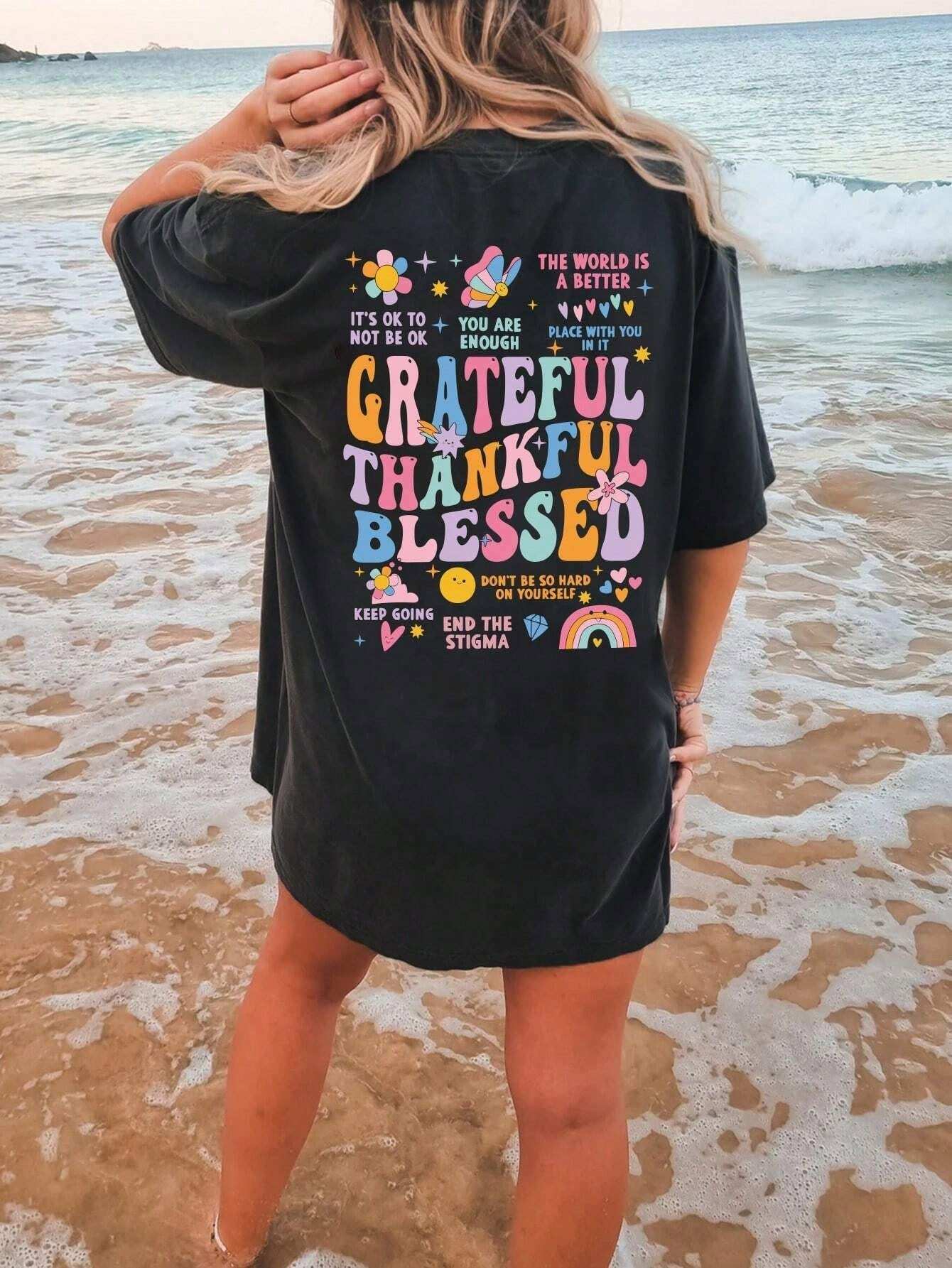 Grateful Thankful Blessed Graphic T-Shirt on beach background