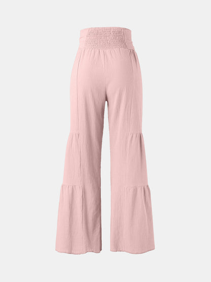 Tied ruched wide leg pants in pink, high waist, polyester blend.