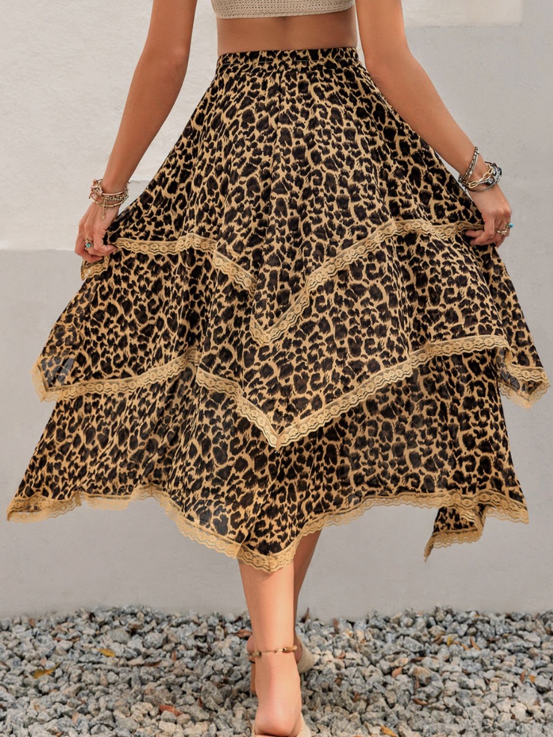 Lace detail layered printed skirt in leopard print design.