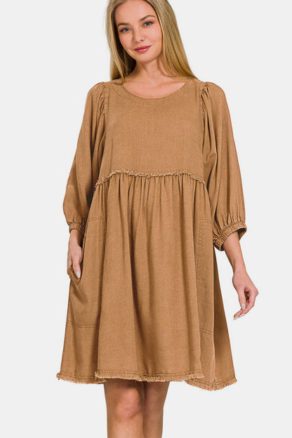 Washed Linen Pleated Puff Sleeve Babydoll Dress with puff sleeves and relaxed fit.