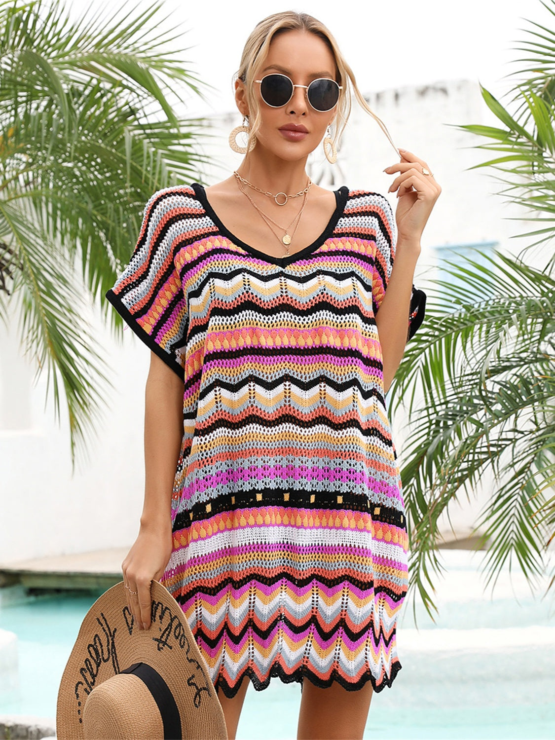 Rainbow Stripe Scalloped V-Neck Cover-Up Dress with Short Sleeves and Vibrant Striped Design.