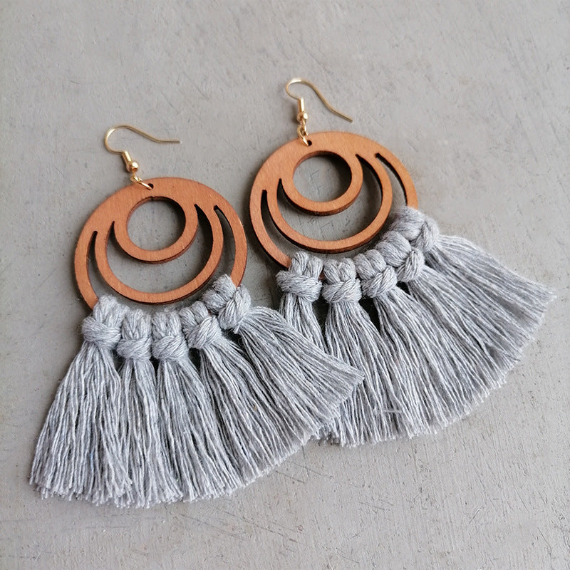 Tassel Detail Geometric Earrings with wood and cotton cord design, boho-chic style jewelry for women.