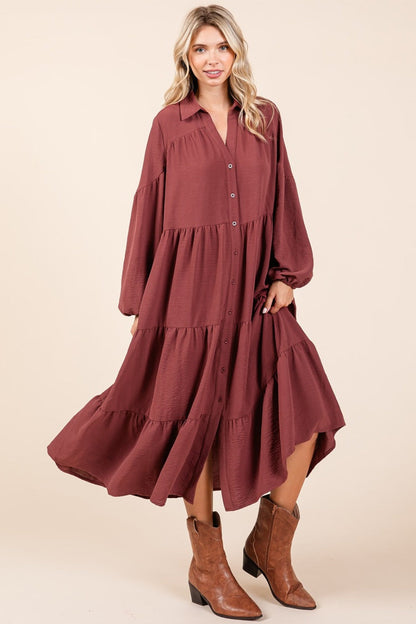 Tiered Button Down Long Sleeve Midi Dress in burgundy, featuring a tiered design and button-down front.