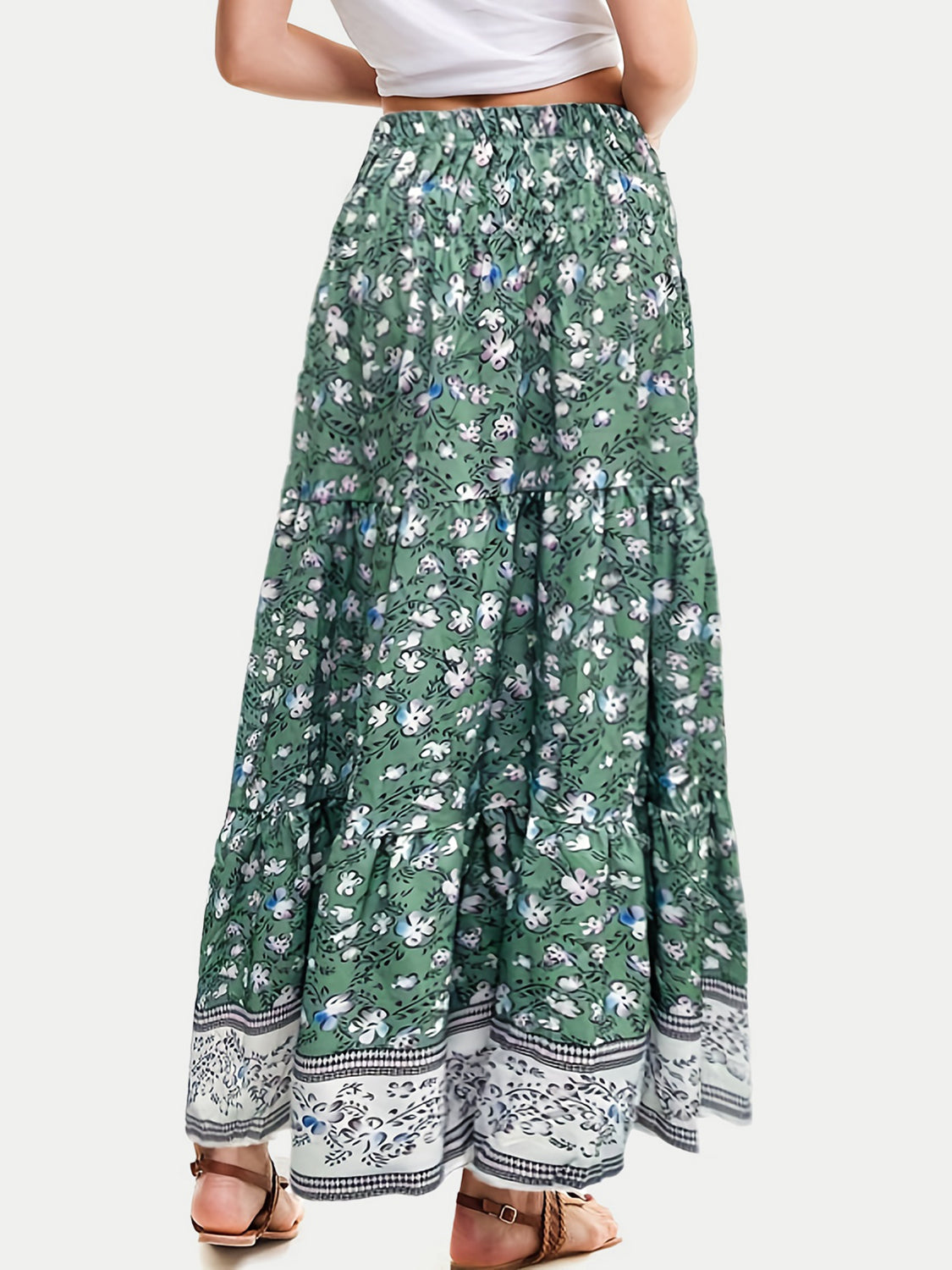 Tiered Printed Elastic Waist Skirt with floral pattern and ruched design.