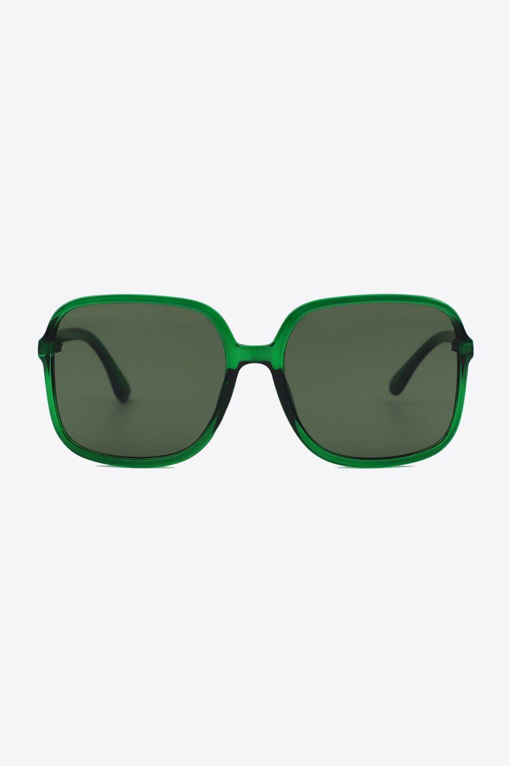 Oversized square sunglasses with green polycarbonate frame and UV400 protection.