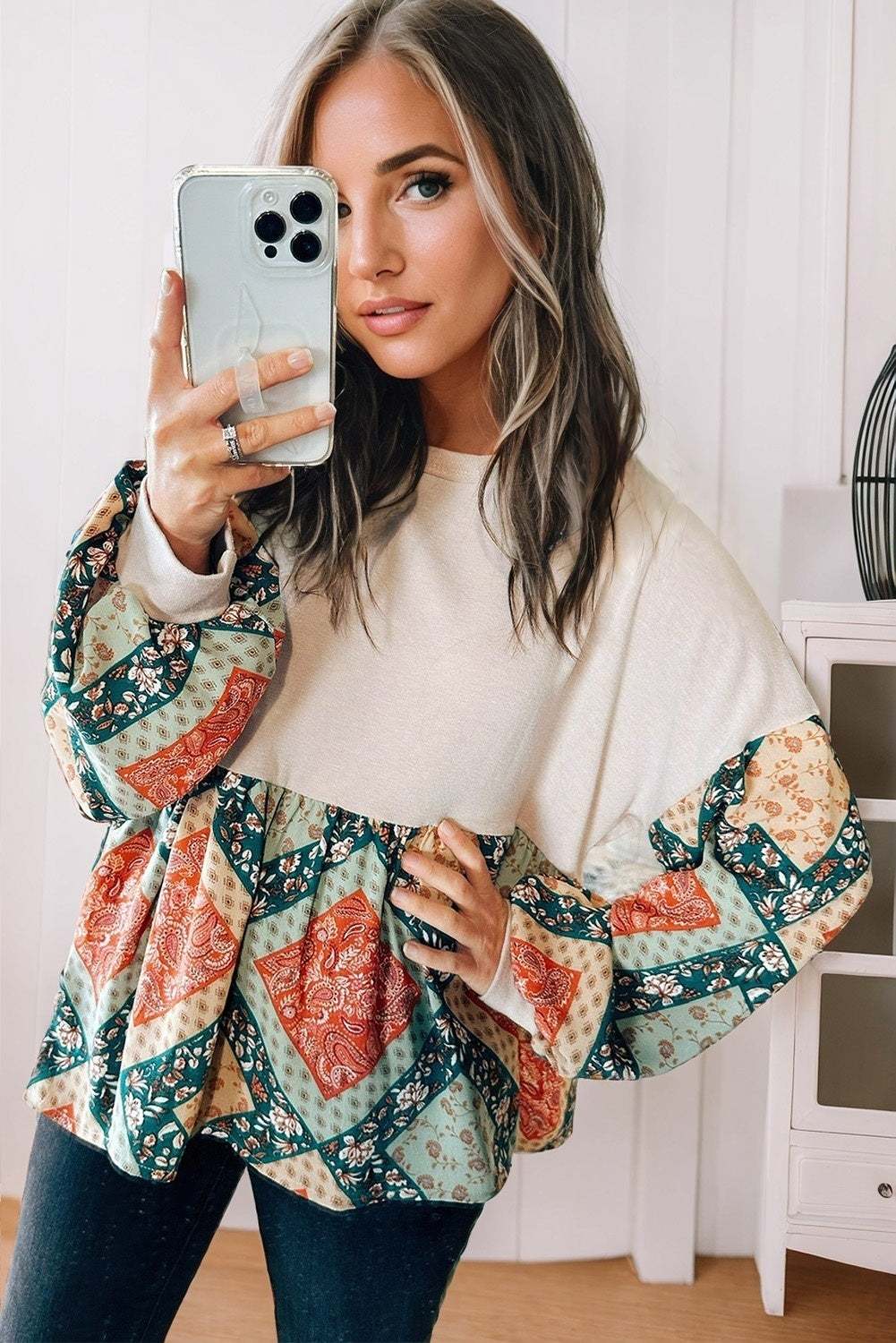 Paisley Geometric Patchwork Loose Fit Blouse