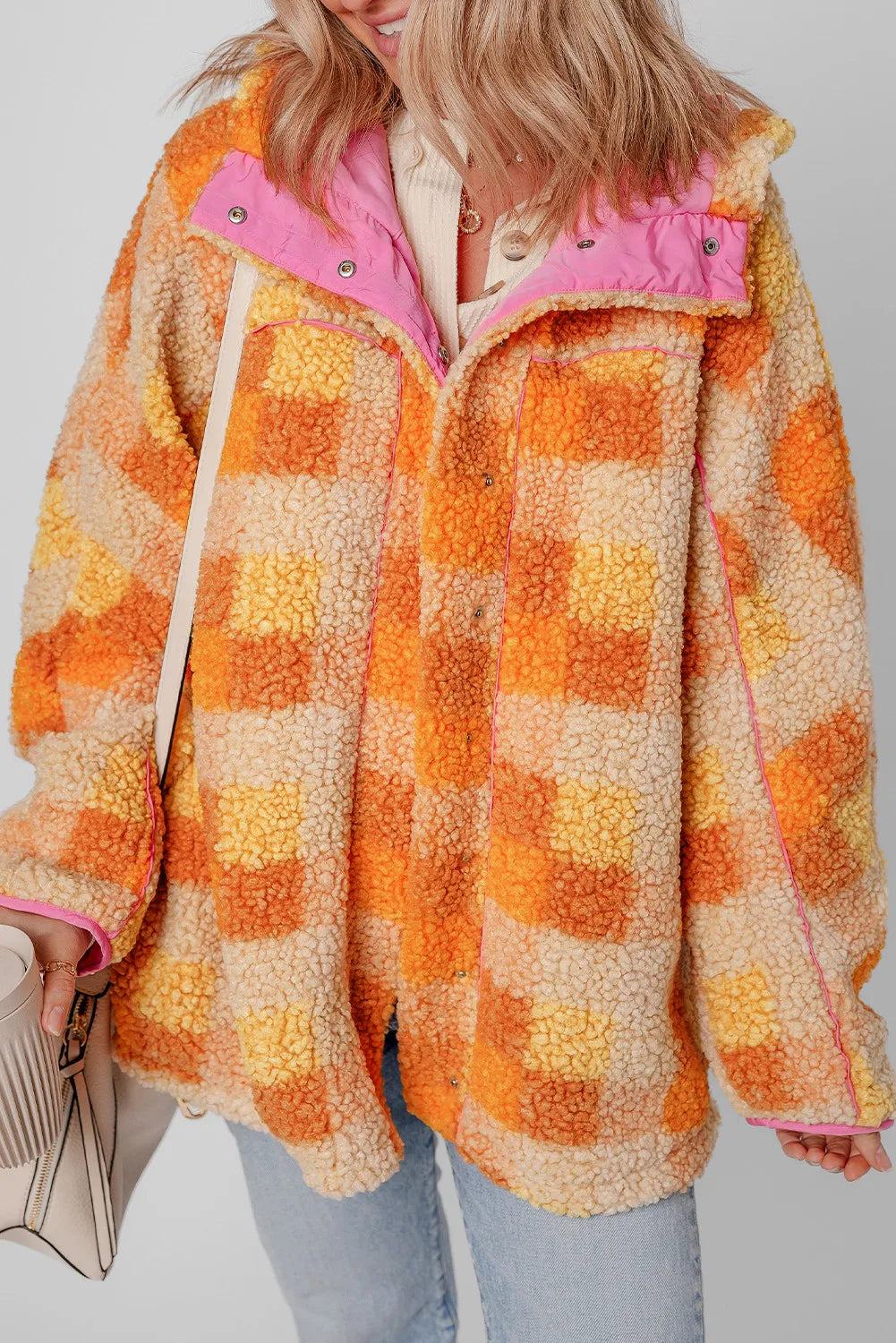 Plaid Long Sleeve Hooded Jacket with orange checkered design and lined interior.