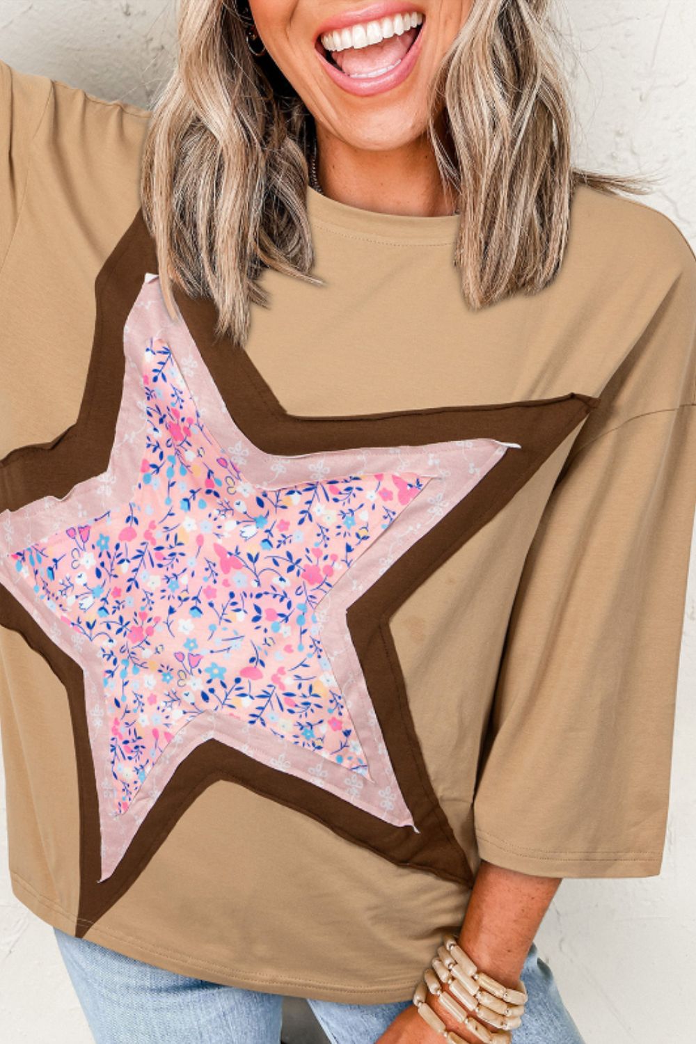 Star Applique Patch Round Neck T-Shirt in beige with floral star pattern