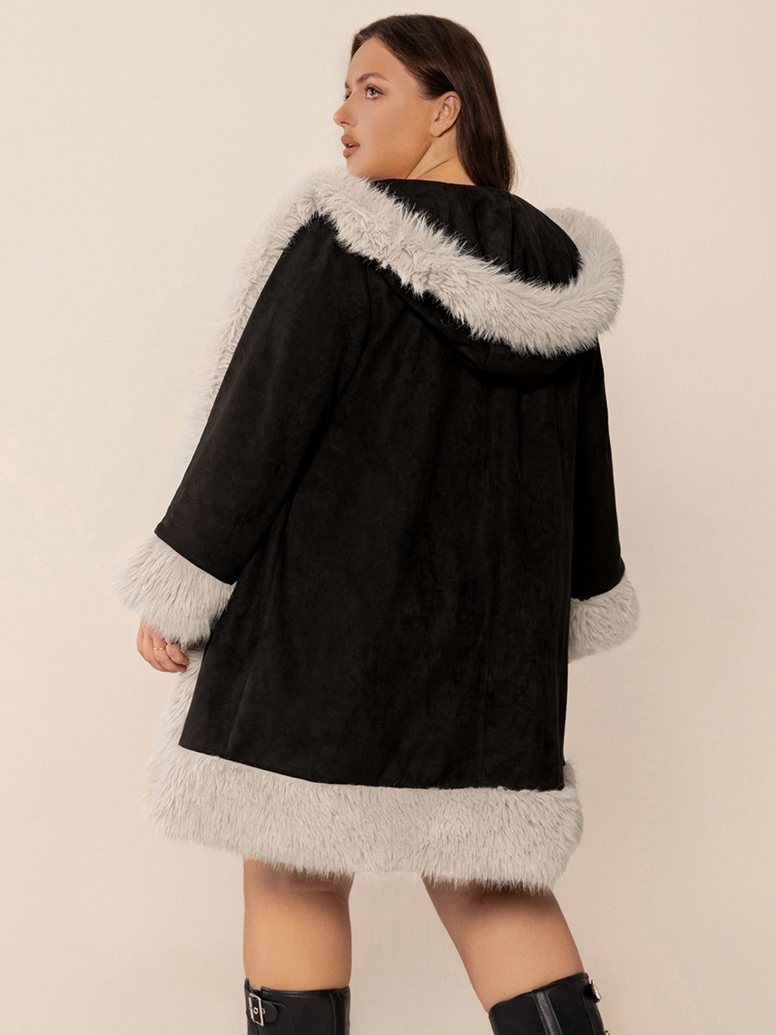 Plus size fuzzy trim open front long sleeve hooded coat in black with white accents.