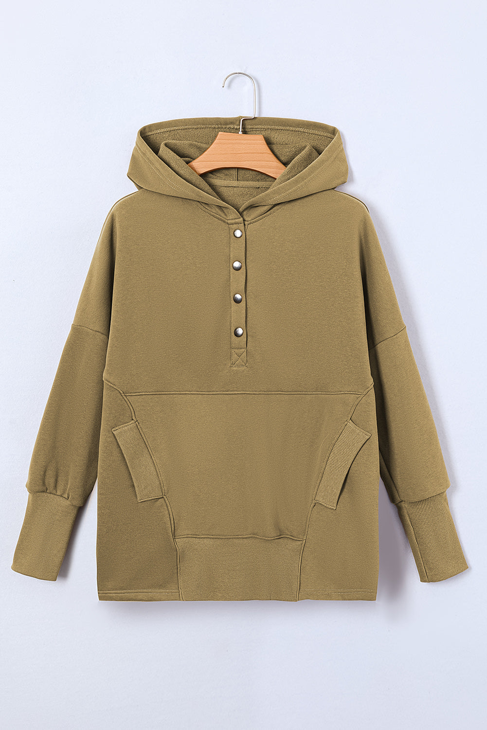 Quarter-Snap Dropped Shoulder Hoodie, olive green, pocketed, buttoned, polyester-cotton blend.