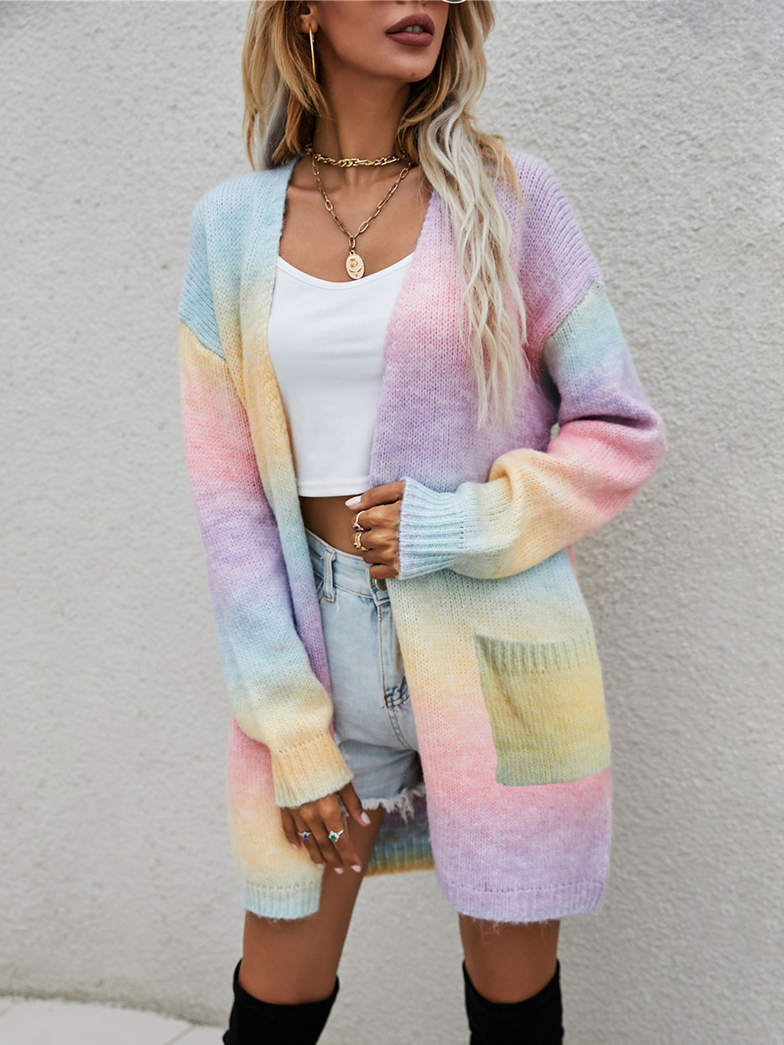 Rainbow pocketed open front gradient cardigan with pastel colors and slightly stretchy fit.