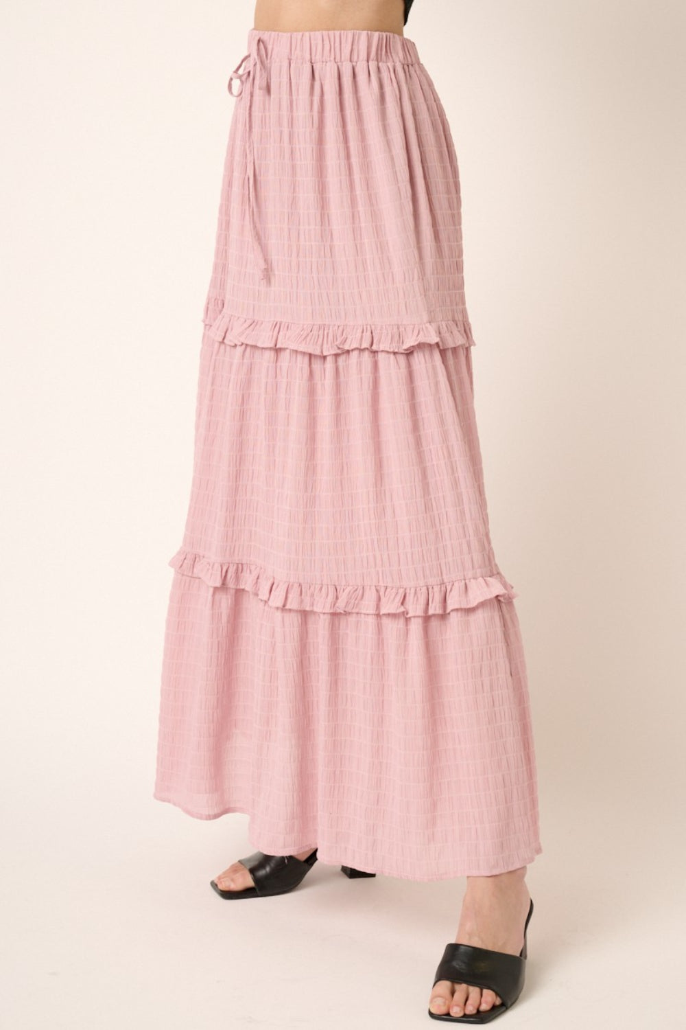 Dusty Pink Drawstring High Waist Frill Skirt with Adjustable Fit