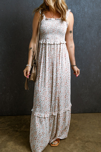 White Lace Frilly Straps Shirred Floral Maxi Dress